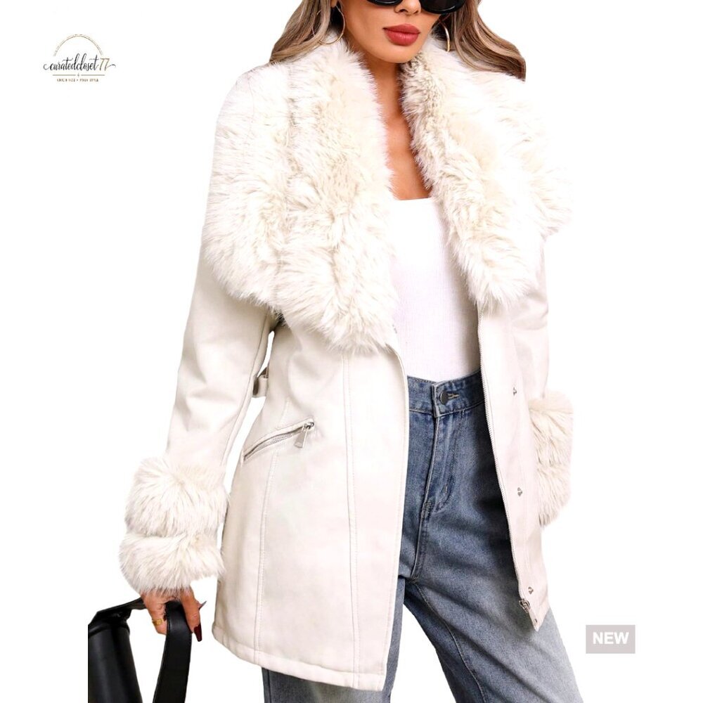 Faux Leather Jacket with Fur Collar Belted Moto Chic Winter Coat